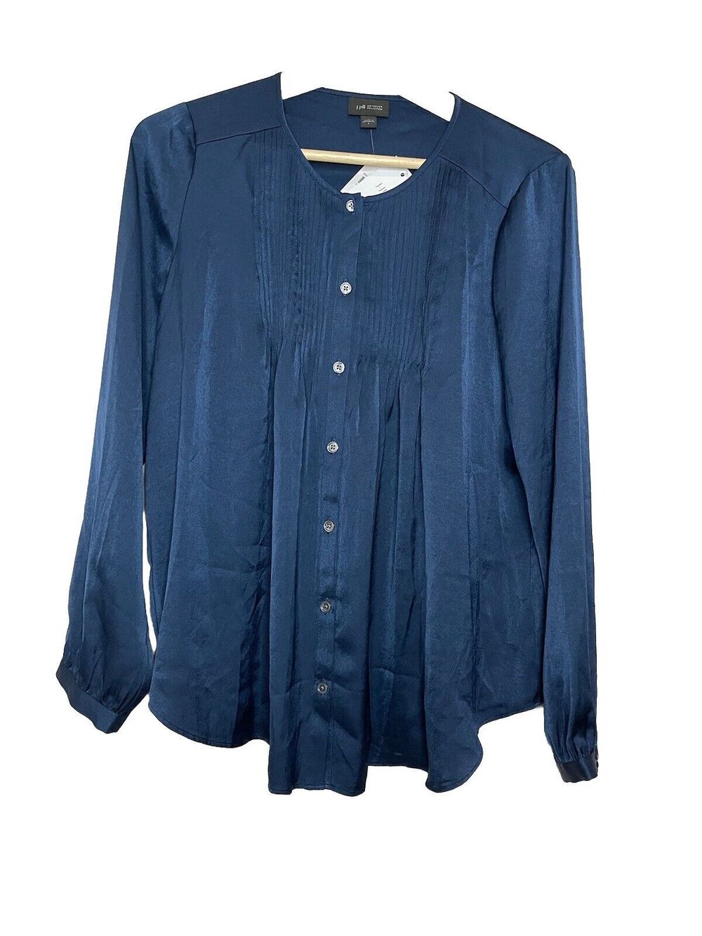J.Jill Womens S Navy Blue Silky Long Sleeve Long Sleeve Blouse Top Button Up NWT